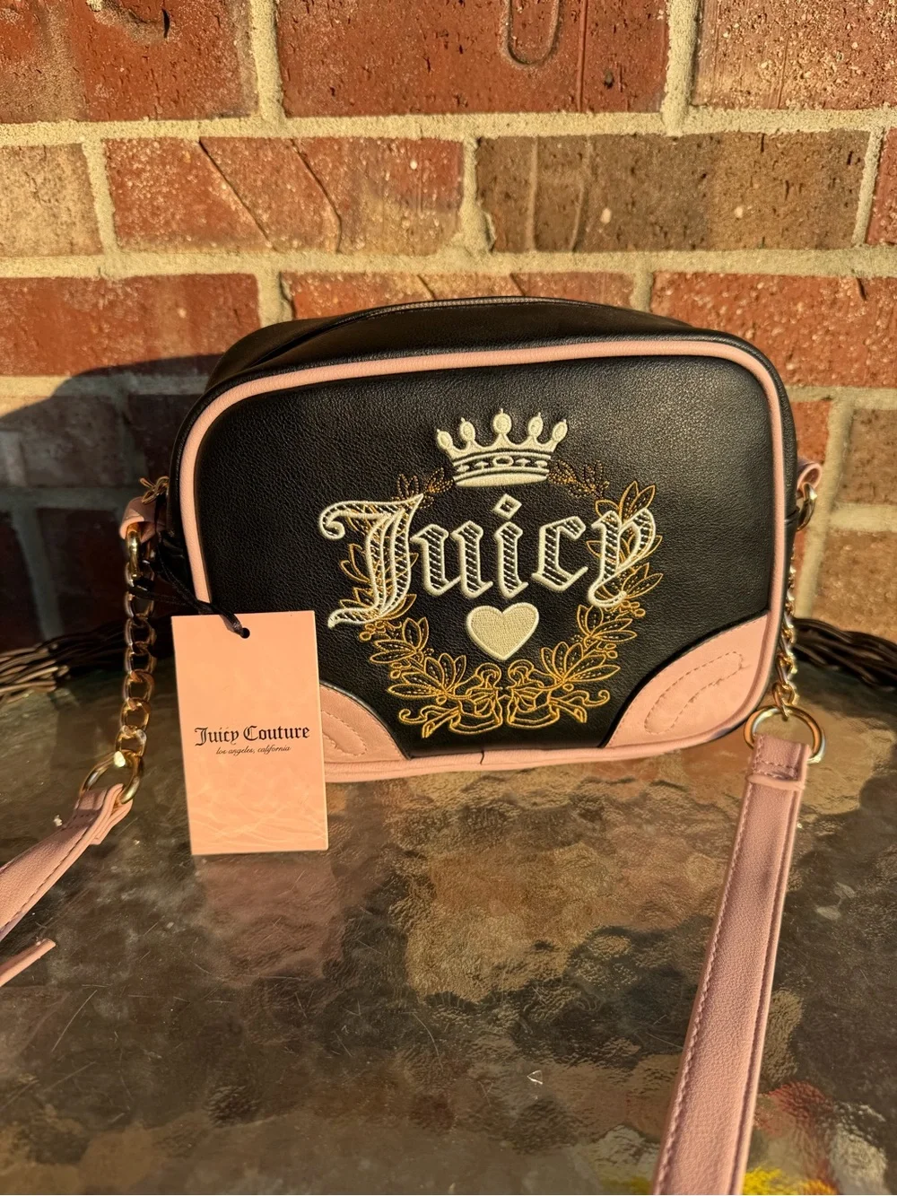 Juicy Couture Black & Pink Embroidered Heritage Crossbody Bag